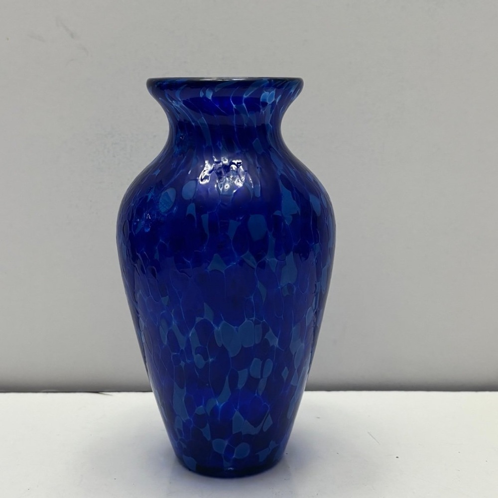 Glass vase cobalt blue with light blue design